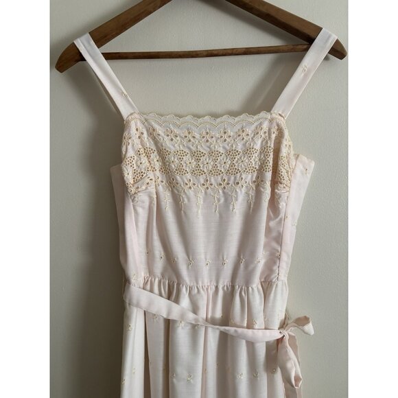 Vintage Lanz Originals 70's pink eyelet pattern Maxi Dress Sz 2 Sleeveless - Picture 1 of 16